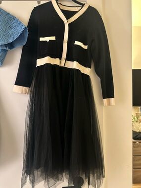 Black Knit Bodice with Black Tulle Skirt Dress - Cream Trim